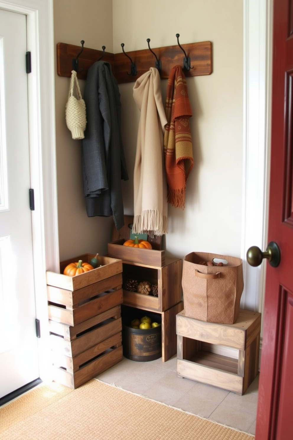 A cozy mudroom features vintage wooden crates stacked against the wall, providing both storage and rustic charm. The crates are filled with seasonal decorations like pumpkins and pinecones, enhancing the autumnal atmosphere. A warm color palette of oranges and browns complements the space, while a woven rug adds texture underfoot. Hooks for coats and scarves are mounted above the crates, keeping the area organized and inviting.