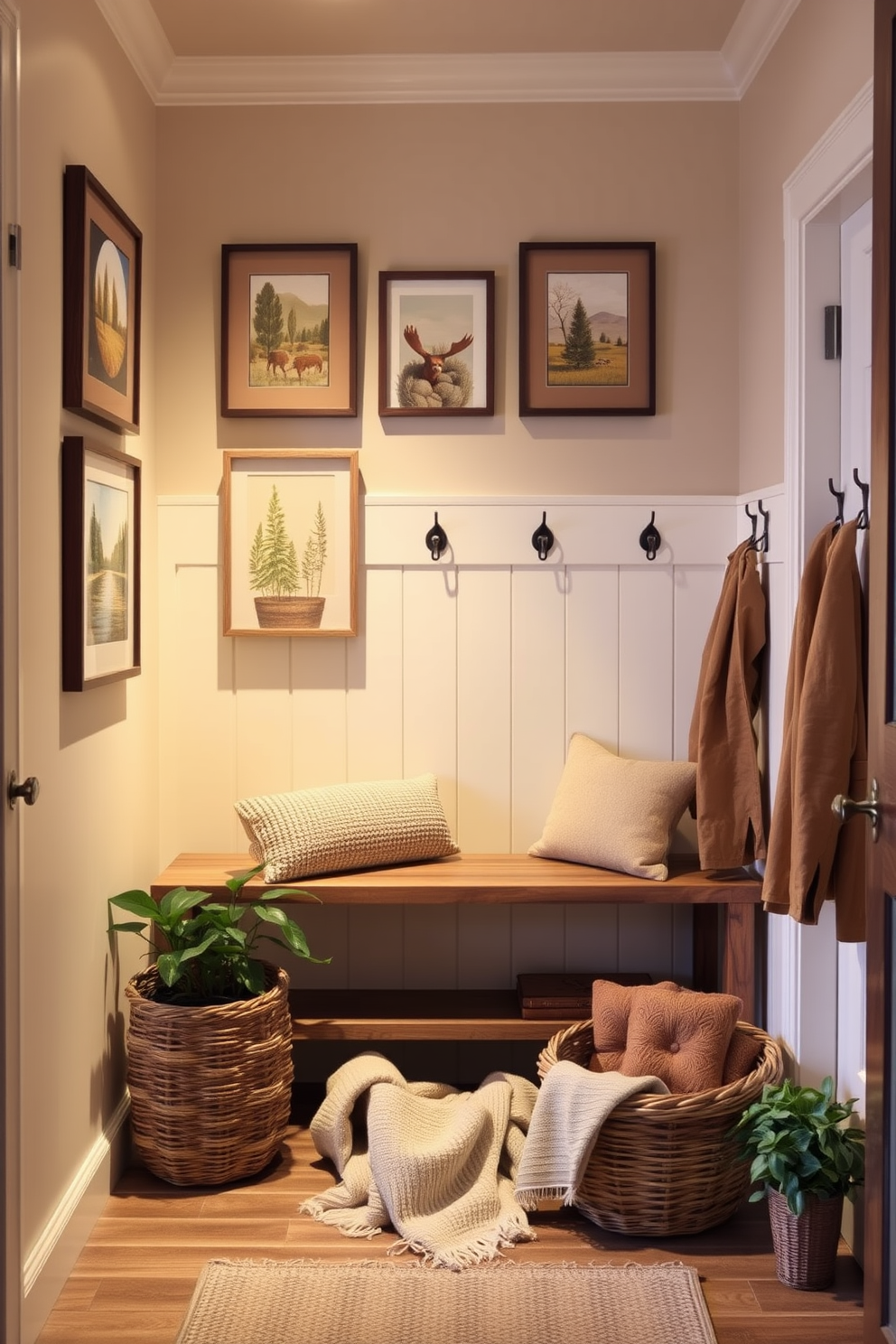 A cozy mudroom featuring warm tones in wall art and decor. The walls are adorned with framed nature-inspired prints in earthy colors, complemented by a rustic wooden bench and hooks for jackets. Soft lighting illuminates the space, creating an inviting atmosphere. A woven basket sits on the floor, filled with cozy blankets, while potted plants add a touch of greenery.