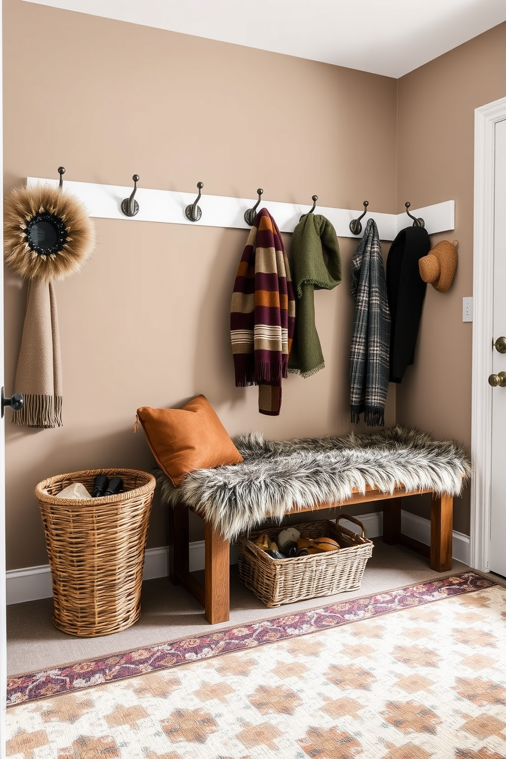 A cozy mudroom adorned with faux fur accents creates a warm and inviting atmosphere. The walls are painted in a soft taupe, complemented by a rustic wooden bench covered in a plush faux fur throw. Stylish hooks line the walls for hanging coats and scarves, while a woven basket holds seasonal accessories. A patterned area rug adds a touch of color underfoot, enhancing the overall charm of the space.