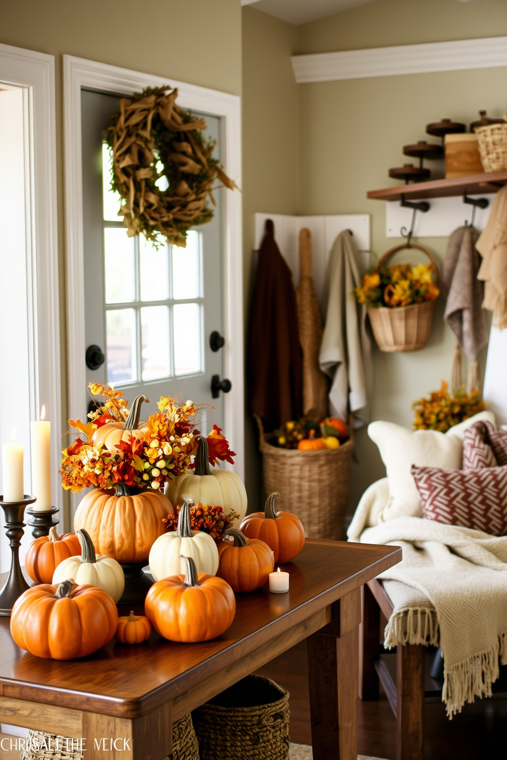 A welcoming entryway table adorned with vibrant pumpkin centerpieces of varying sizes and textures. The rich colors of orange and cream create a warm autumnal atmosphere, complemented by soft candlelight flickering nearby. A cozy mudroom featuring rustic decor elements that embrace the fall season. Woven baskets filled with seasonal foliage and cozy blankets provide both functionality and charm, while a wooden bench invites guests to sit and remove their shoes.