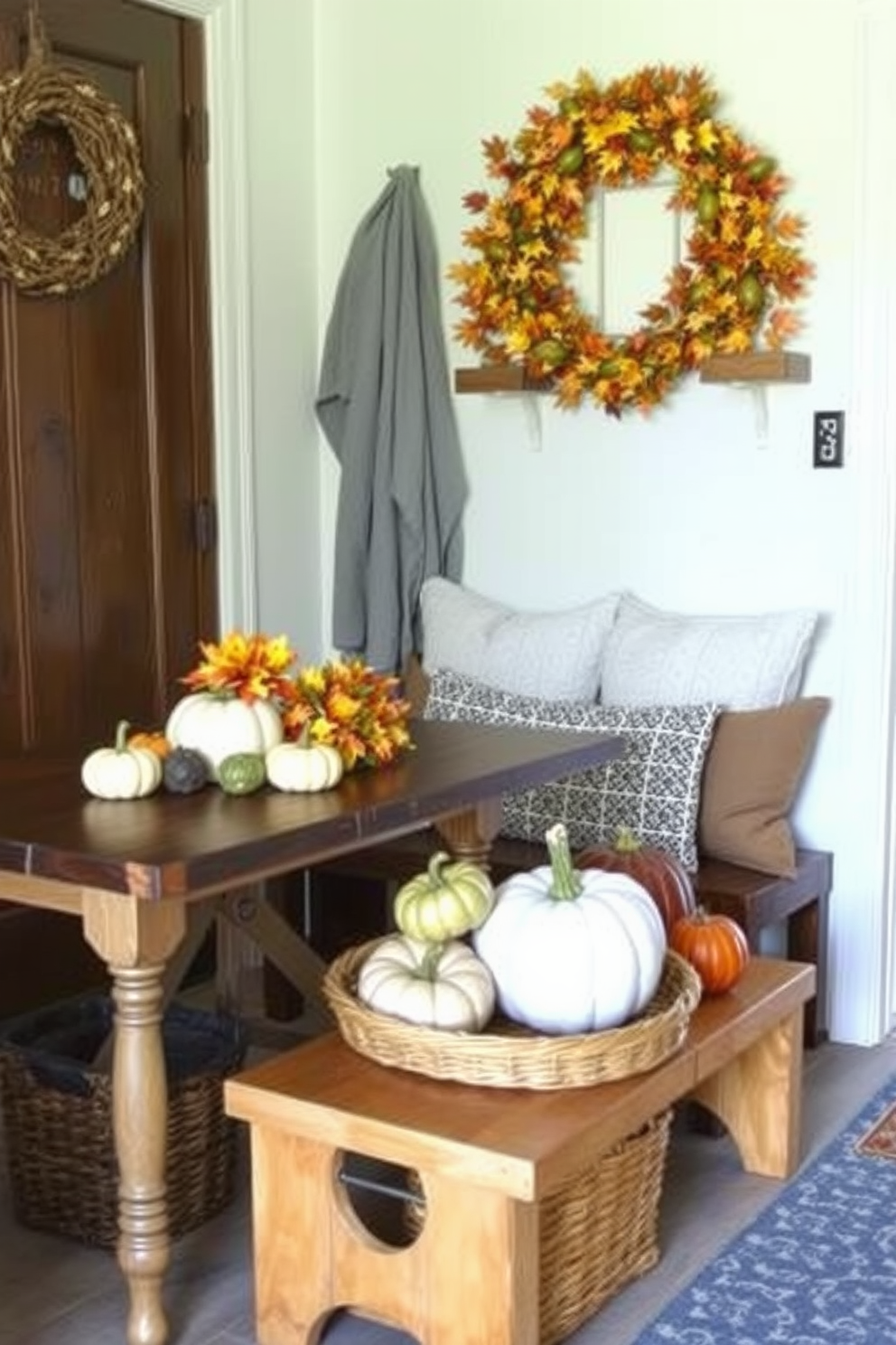 A cozy mudroom adorned with seasonal table decor featuring various gourds and colorful autumn leaves. The space showcases a rustic wooden bench with plush cushions, and a collection of decorative pumpkins arranged on a woven basket.