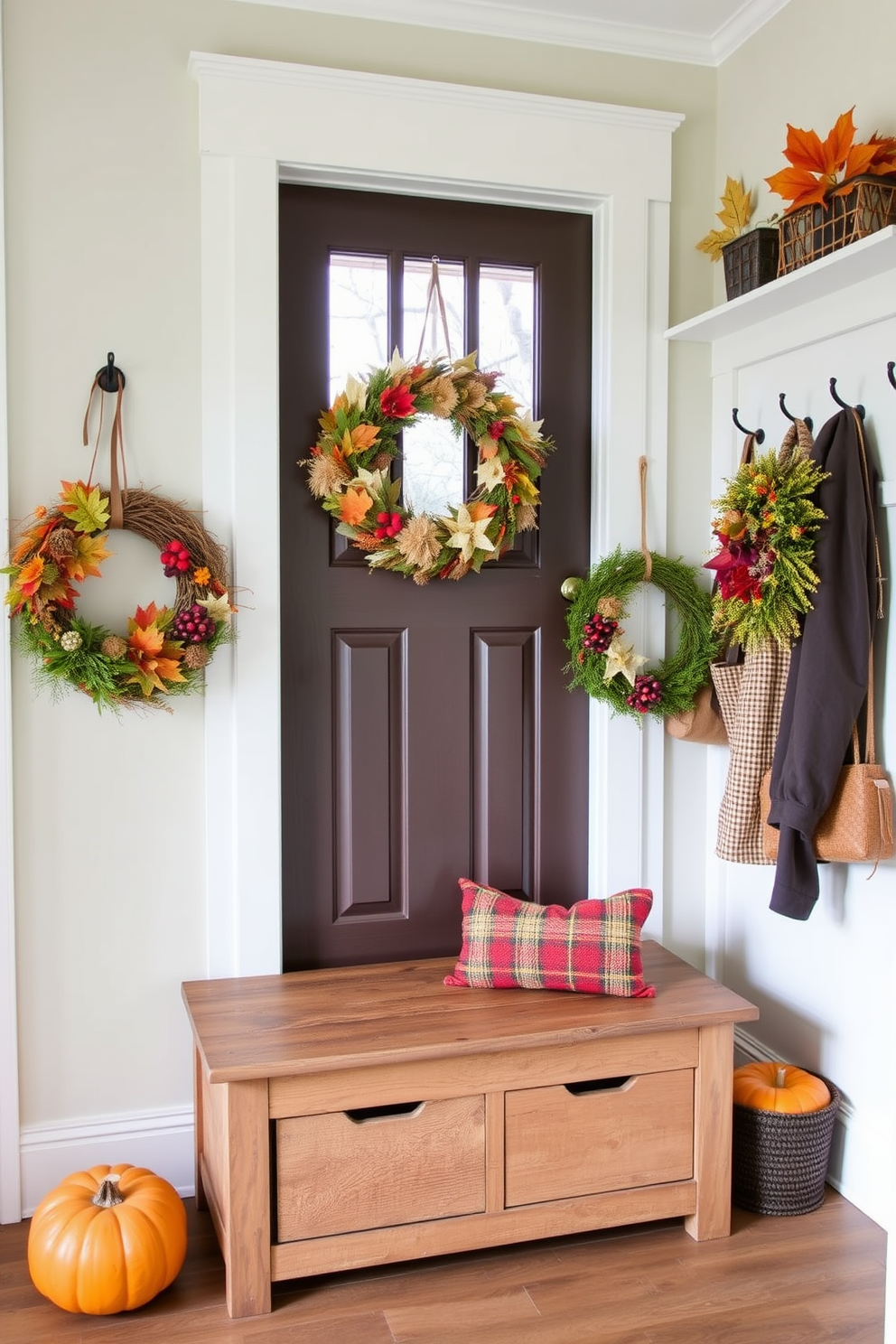 A welcoming mudroom adorned with seasonal wreaths on the door. The space features a rustic bench with storage underneath and hooks for coats, all styled with autumnal colors and textures.