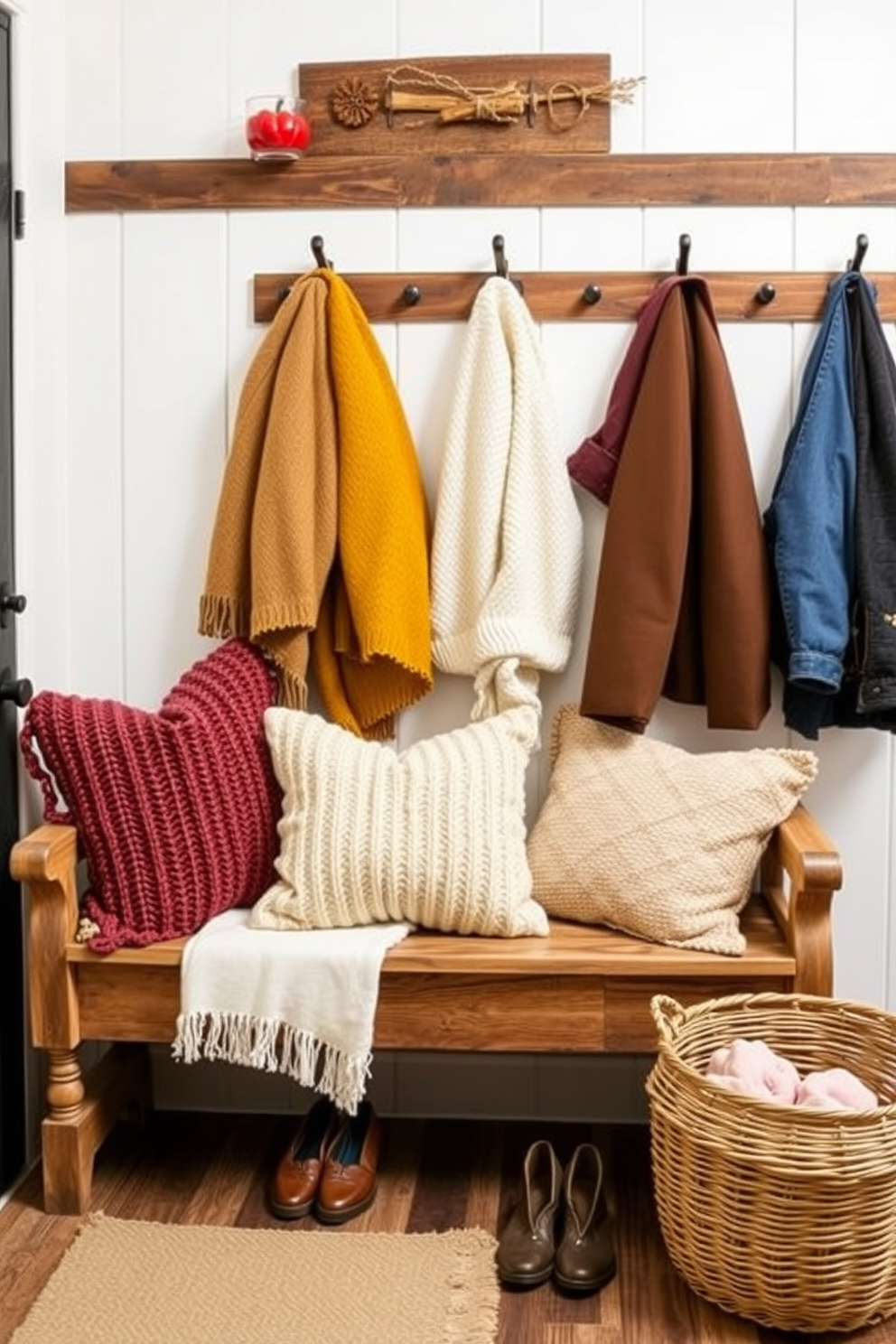 Cozy knitted pillows in autumn hues are arranged on a rustic wooden bench in the mudroom. The walls are adorned with hooks for jackets and a woven basket sits on the floor for shoes.