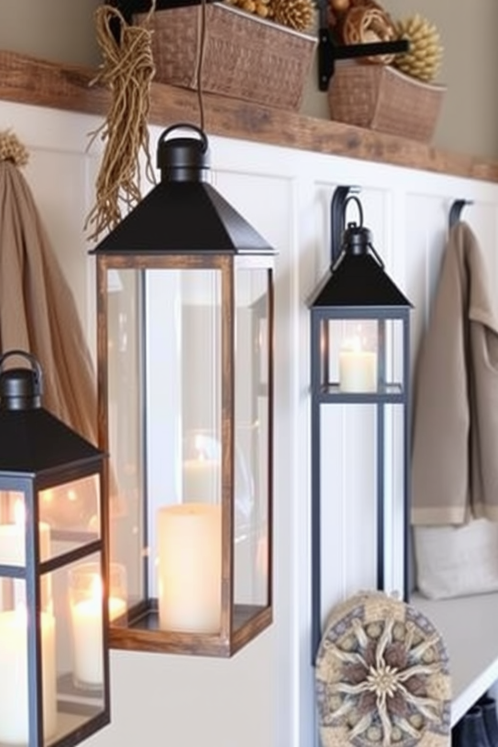 A cozy mudroom adorned with rustic lanterns featuring flickering candles that cast a warm glow. The space is accented with earthy tones and seasonal decorations, creating a welcoming atmosphere for autumn.