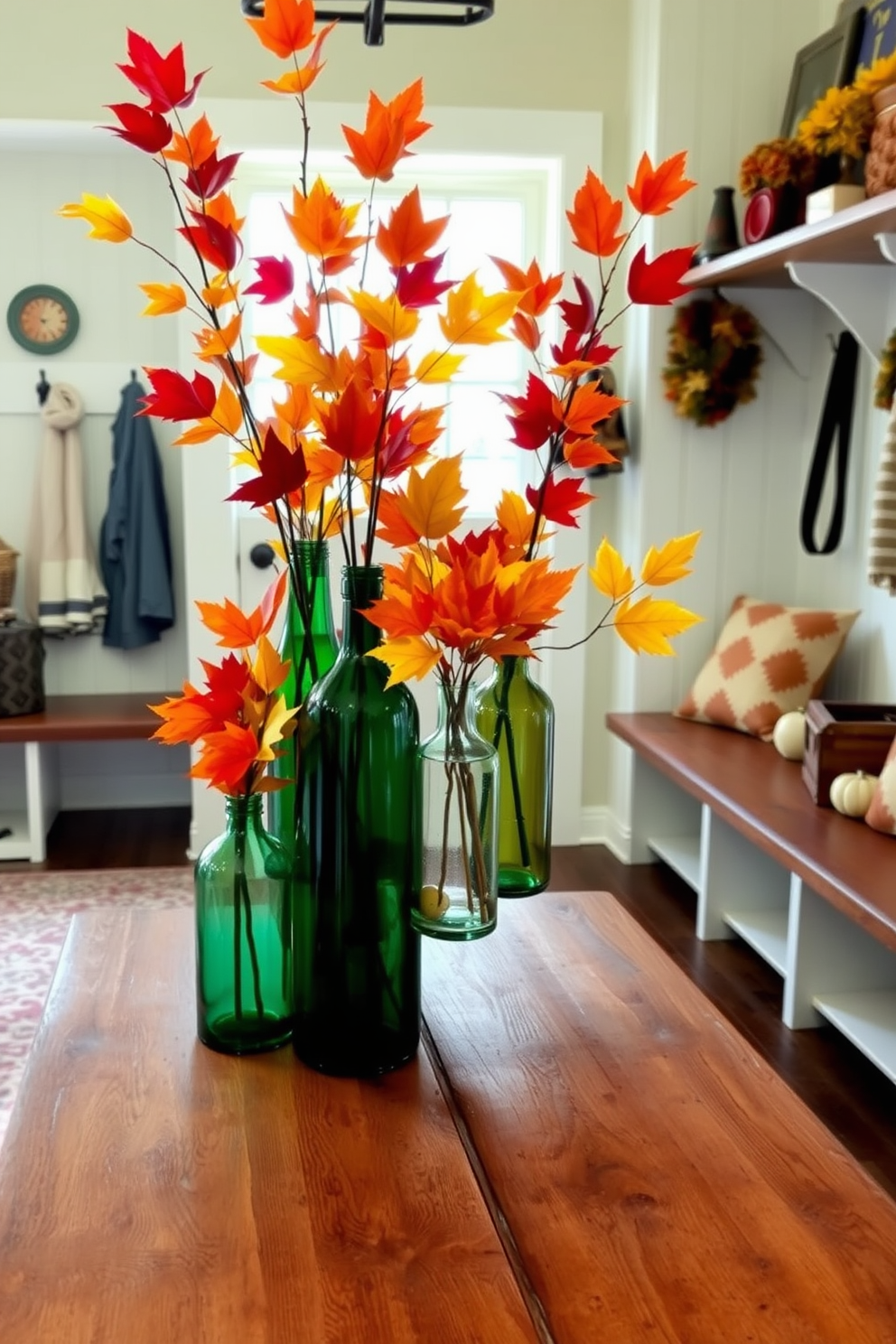 Colorful fall leaves are elegantly arranged in a variety of glass vases of different shapes and sizes. The vases are strategically placed on a rustic wooden table, creating a warm and inviting atmosphere. The mudroom features a functional yet stylish design with built-in benches and hooks for coats and bags. A patterned rug adds a touch of color, while seasonal decorations enhance the cozy fall theme.