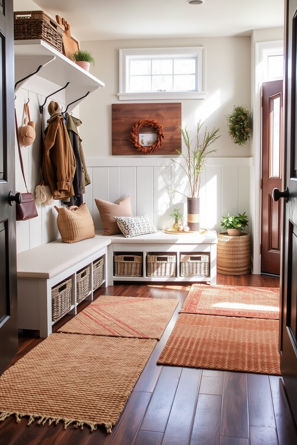 Textured rugs in warm earth tones are layered over a hardwood floor, creating a cozy and inviting atmosphere. The mudroom features a built-in bench with plush cushions, surrounded by hooks for jackets and baskets for storage. Decorative elements like potted plants and seasonal decor add a personal touch to the space. Natural light floods in through a window, enhancing the welcoming feel of this functional yet stylish area.