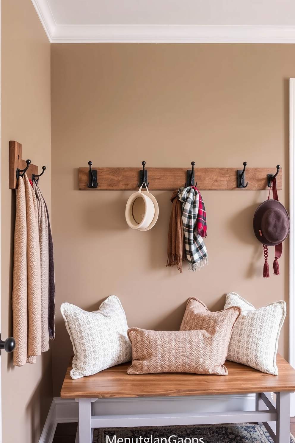 A stylish mudroom featuring a row of rustic wooden hooks for hanging scarves and hats. The walls are painted in a warm taupe color, complemented by a cozy bench with plush cushions for added comfort.