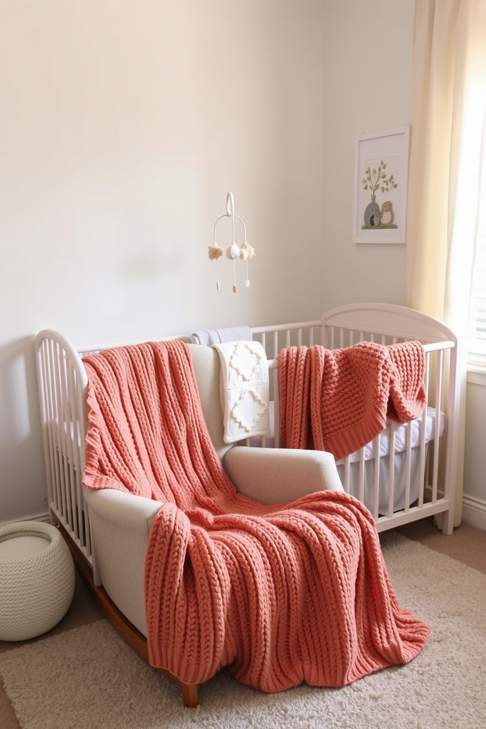 Cozy knitted blankets in warm hues cover a plush rocking chair placed in the corner of a softly lit nursery. The walls are painted in a gentle pastel shade, and a whimsical mobile hangs above a crib adorned with matching bedding.