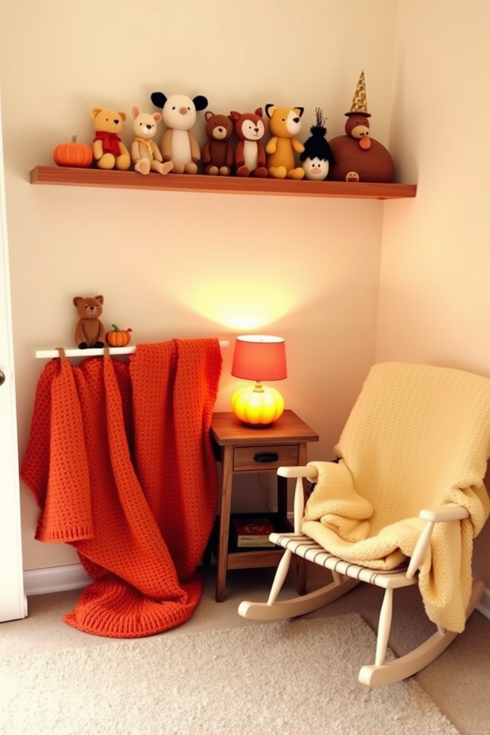 Cute animal figurines in warm autumn colors are arranged on a wooden shelf. Soft, textured blankets in shades of orange and yellow drape over a cozy rocking chair in the corner. The walls are painted in a gentle cream hue, creating a calming backdrop for the playful decor. A small wooden table holds a pumpkin-shaped lamp, casting a warm glow in the nursery.