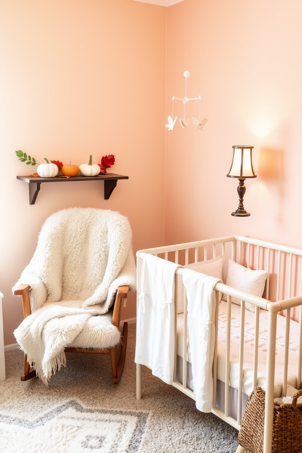 A cozy nursery setting featuring a soft faux fur throw draped over a plush rocking chair. The walls are painted in a warm pastel color, and a whimsical mobile hangs above a crib adorned with delicate bedding. Incorporate seasonal fall elements with decorative pumpkins and autumn leaves scattered on a wooden shelf. Soft lighting from a vintage lamp creates a warm and inviting atmosphere perfect for nurturing moments.