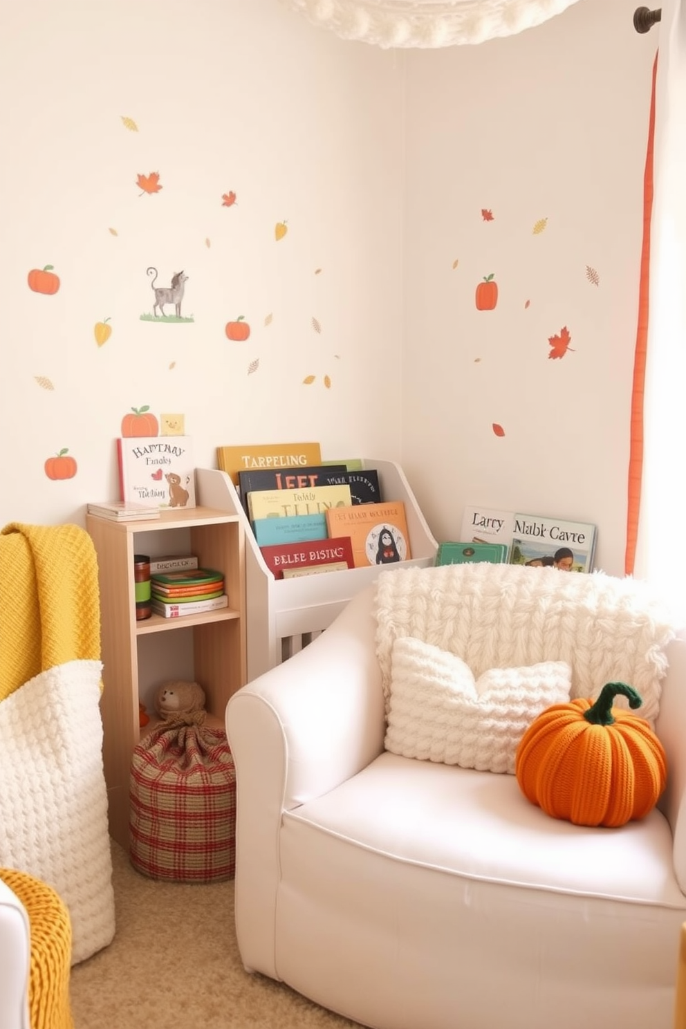 A cozy nursery filled with harvest-themed books for storytime. Soft orange and yellow accents bring warmth, while plush seating invites parents and children to read together. The walls are adorned with whimsical autumn illustrations, and a gentle, earthy color palette creates a soothing atmosphere. A small bookshelf displays colorful books, and a knitted pumpkin decorates the reading nook.