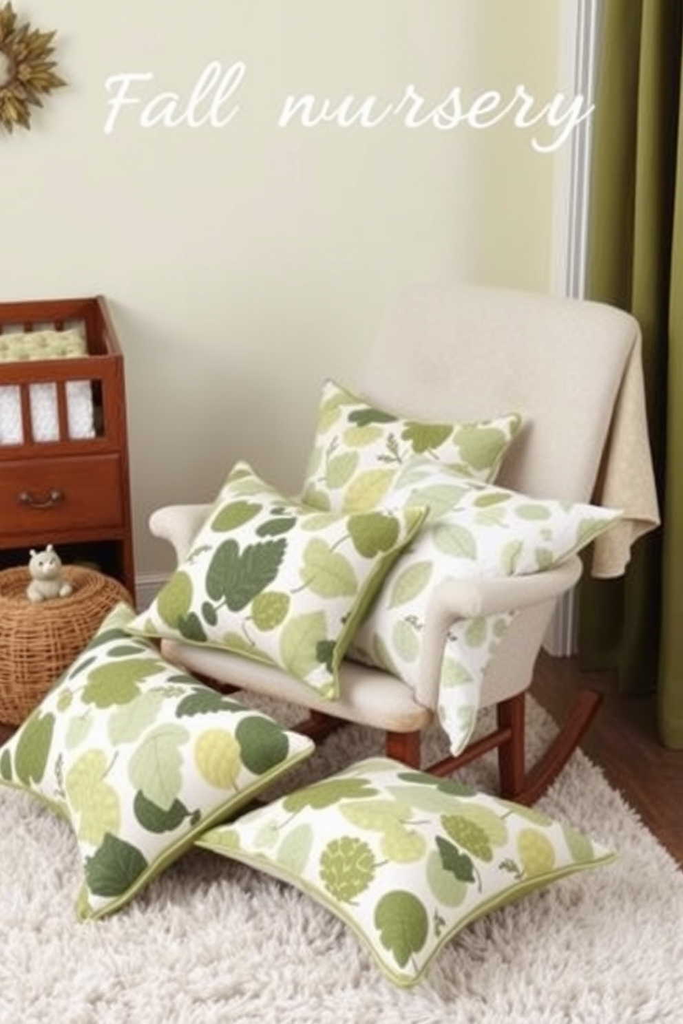 Cushions with leaf patterns in various shades of green are scattered across a cozy rocking chair in a softly lit nursery. The walls are painted a gentle pastel color, and a plush area rug adds warmth to the space, creating a serene environment for a fall-themed nursery.