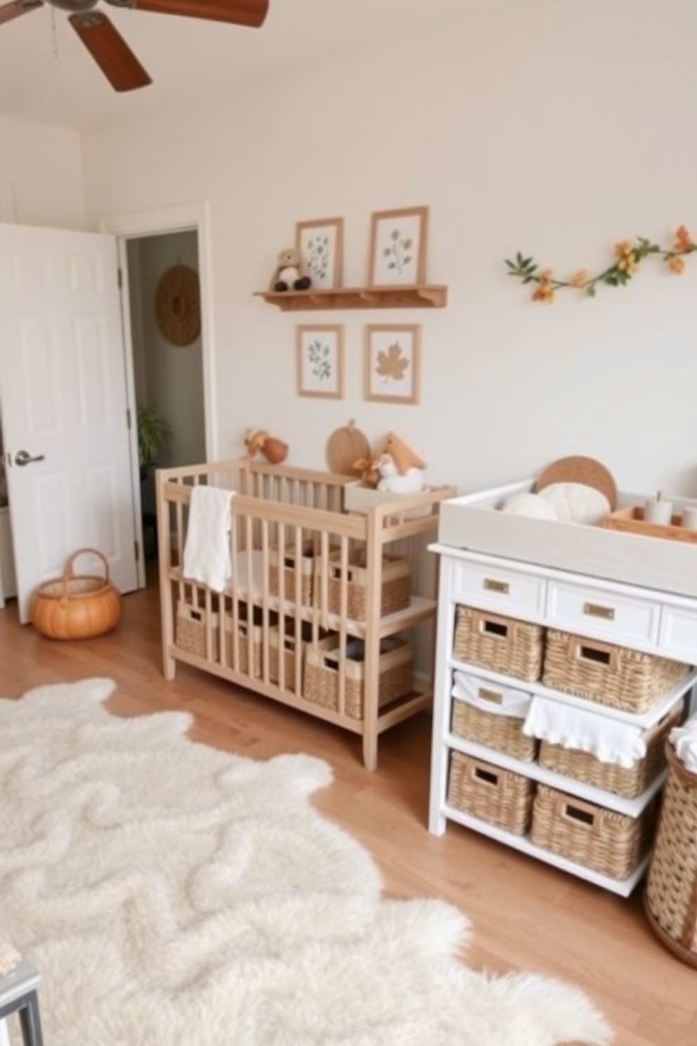 A cozy fall nursery featuring woven baskets for storage solutions. The room has soft neutral tones with accents of warm autumn colors. Plush rugs are scattered across the floor, inviting comfort and warmth. A changing table is adorned with decorative items, and the woven baskets are neatly organized to hold baby essentials.