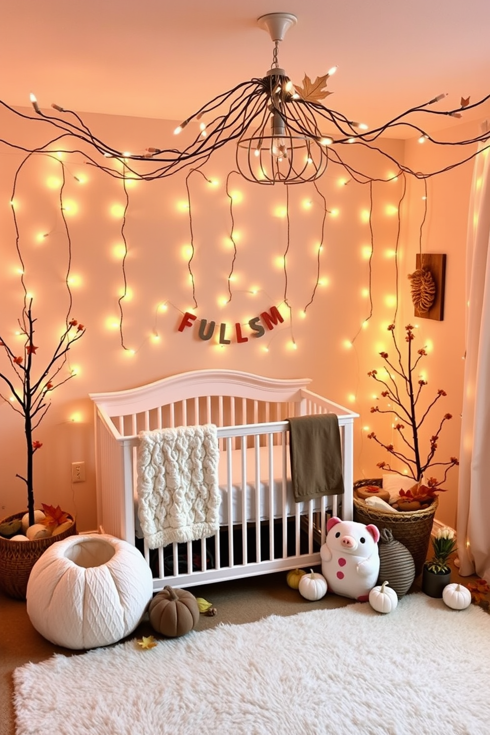 A cozy fall nursery adorned with twinkling fairy lights casting a soft glow throughout the space. The walls are painted in a warm pastel color, and plush, seasonal decor is arranged to create a welcoming atmosphere.