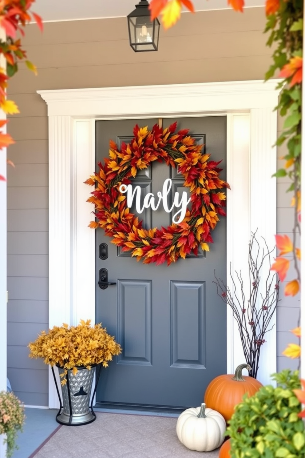 Create a cozy nursery entrance adorned with seasonal wreaths that evoke the essence of fall. The door is framed by vibrant autumn leaves, and a whimsical touch of pumpkins adds charm to the overall decor.