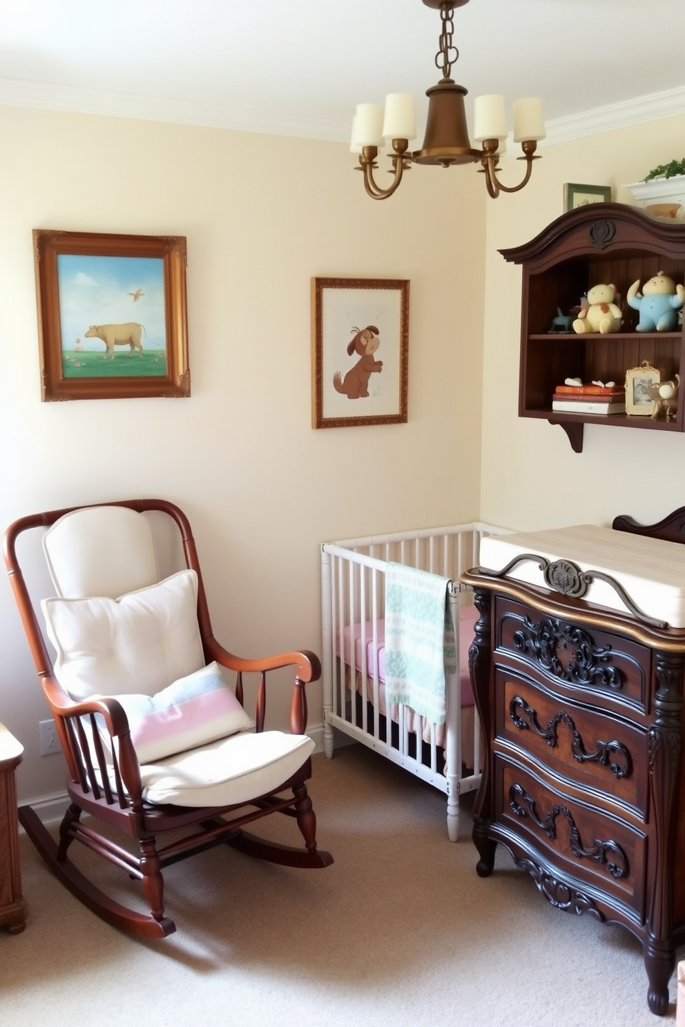 A cozy nursery filled with vintage furniture pieces that add character and charm. The room features a beautifully restored rocking chair next to a classic wooden crib, both adorned with soft, pastel-colored cushions. A vintage dresser with intricate carvings serves as a changing table, topped with a stylish changing pad. The walls are painted in a soft cream hue, and playful, whimsical artwork complements the nostalgic decor.