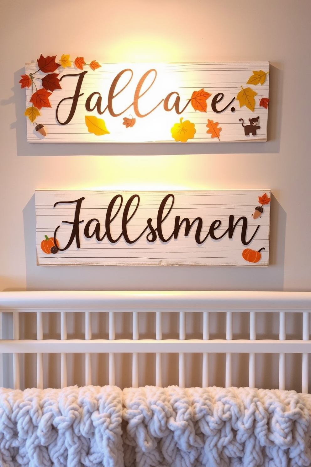 Personalized name signs adorned with autumn leaves and warm colors create a cozy atmosphere in the nursery. Soft, plush textures and gentle lighting enhance the inviting feel, making it a perfect space for a little one. Incorporate decorative elements such as pumpkins and acorns to reflect the beauty of the fall season. A whimsical touch can be added with playful animal motifs, bringing a sense of joy and comfort to the room.