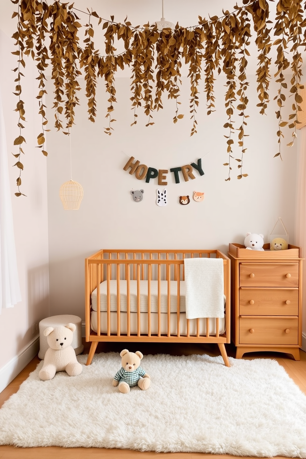 A cozy nursery adorned with hanging garlands of dried leaves creates a serene atmosphere. Soft pastel colors blanket the walls, while a plush area rug invites playtime on the floor. A wooden crib sits in the center, surrounded by whimsical animal-themed decor. A changing table with natural wood finishes complements the earthy tones of the hanging garlands.