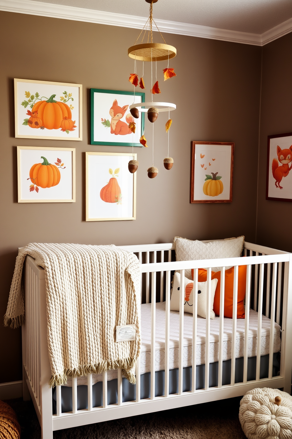 Create a cozy fall nursery filled with autumn-themed wall art and prints. The walls are adorned with vibrant illustrations of pumpkins, leaves, and woodland creatures in warm colors. Incorporate soft textiles like a knitted blanket and plush cushions in earthy tones. A whimsical mobile featuring acorns and falling leaves hangs above the crib, completing the seasonal ambiance.