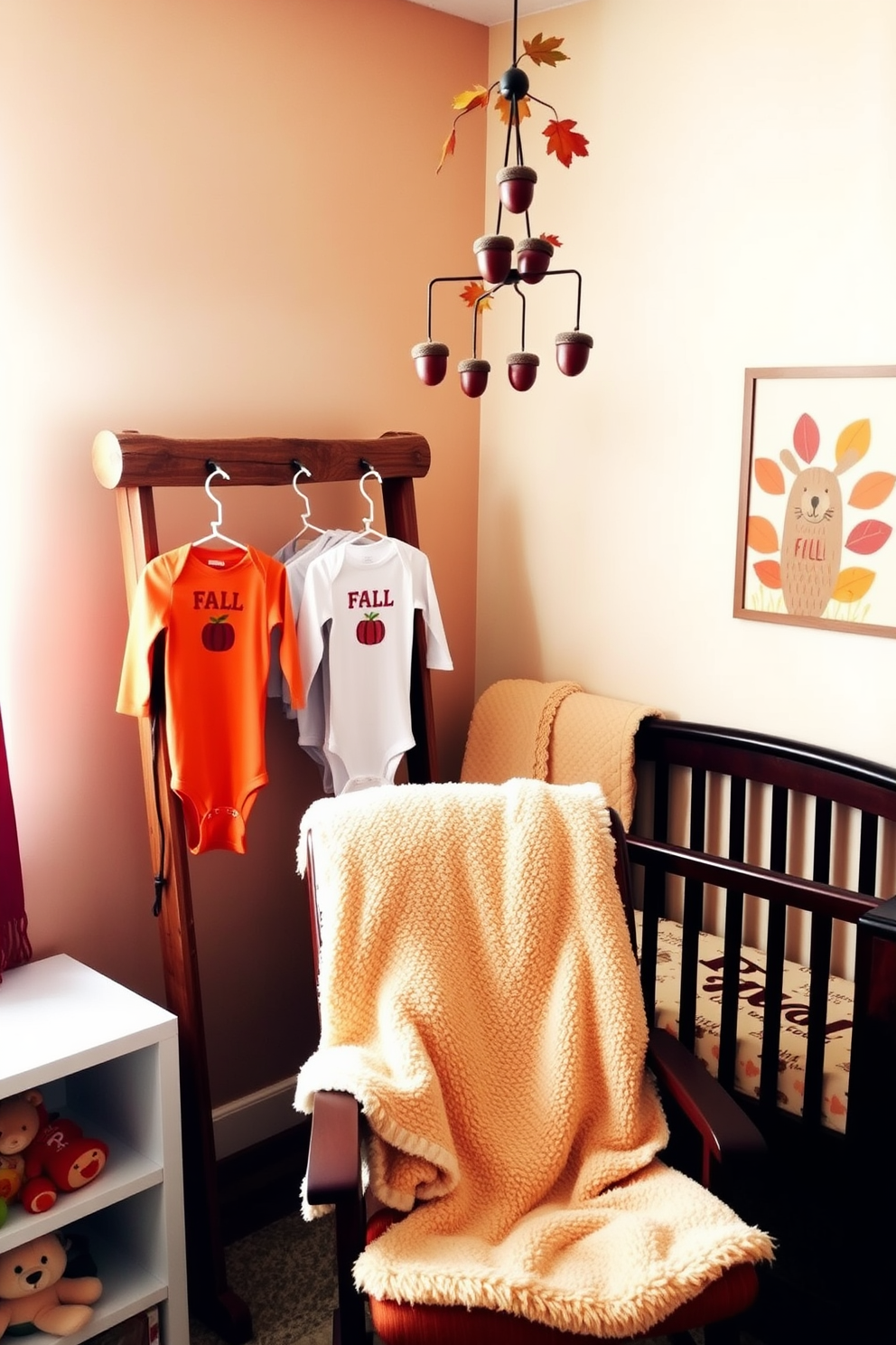 Adorable onesies with fall motifs are displayed on a rustic wooden rack. The nursery features warm tones with accents of orange and deep red, creating a cozy atmosphere. The walls are adorned with whimsical autumn-themed artwork and soft, plush blankets are draped over a rocking chair. A mobile with leaves and acorns hangs above the crib, adding a playful touch to the space.