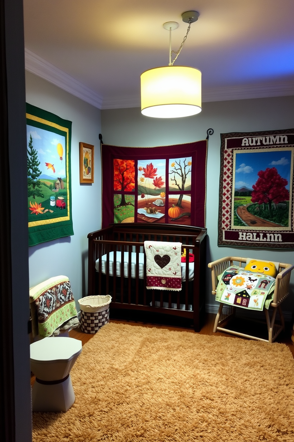 Colorful quilts featuring autumn scenes adorn the walls of a cozy nursery. The room is filled with soft, warm lighting and has a plush area rug in earthy tones, creating a welcoming atmosphere for both parents and children.