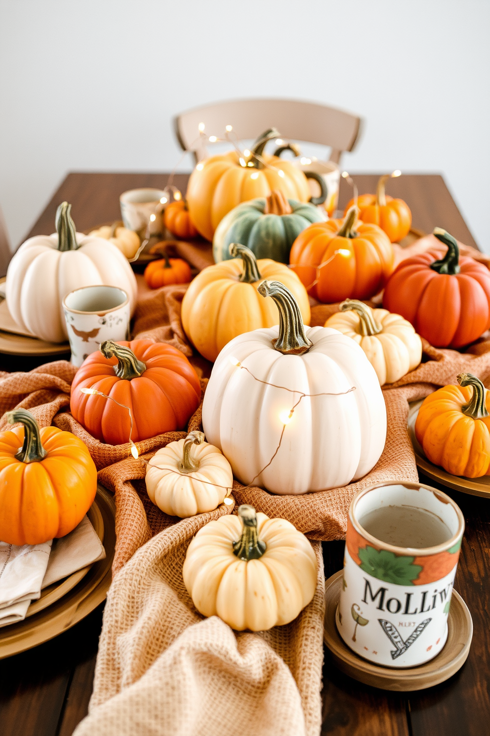 Playful pumpkins in various sizes and colors are arranged as table centerpieces, creating a whimsical and inviting atmosphere. Surrounding the pumpkins are soft, textured fabrics in warm autumn hues that enhance the seasonal charm. The table is set with rustic wooden plates and mismatched ceramic cups, adding a touch of eclectic style. Delicate fairy lights are intertwined with the pumpkins, casting a warm glow that brings the fall nursery decor to life.