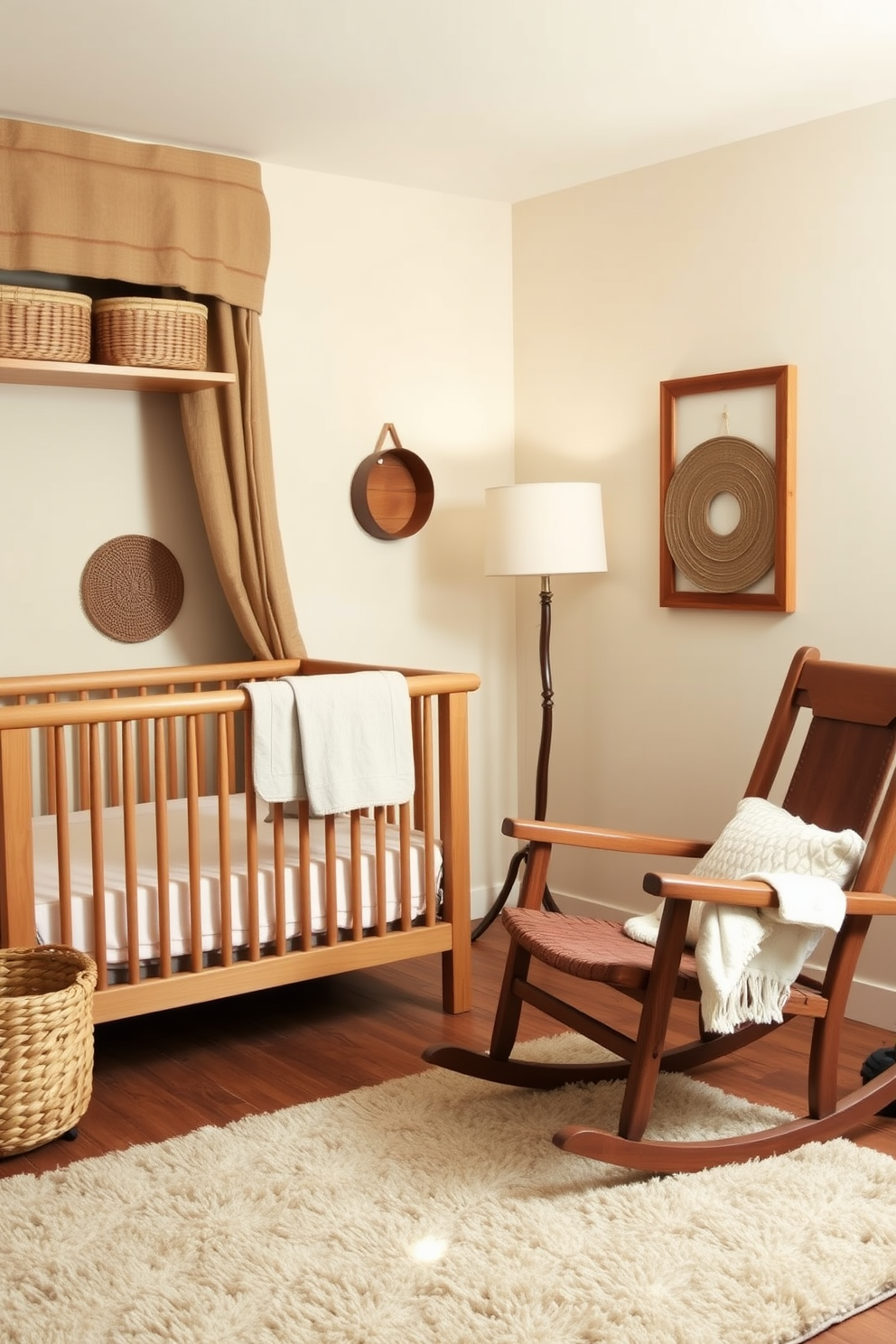 A cozy nursery featuring natural wood accents creates a warm and inviting atmosphere. The walls are painted in soft pastel colors, complemented by a wooden crib and a rustic rocking chair. Decorative elements include woven baskets for storage and a plush area rug that adds comfort underfoot. Soft lighting from a stylish lamp enhances the serene ambiance, making it the perfect space for relaxation and bonding.