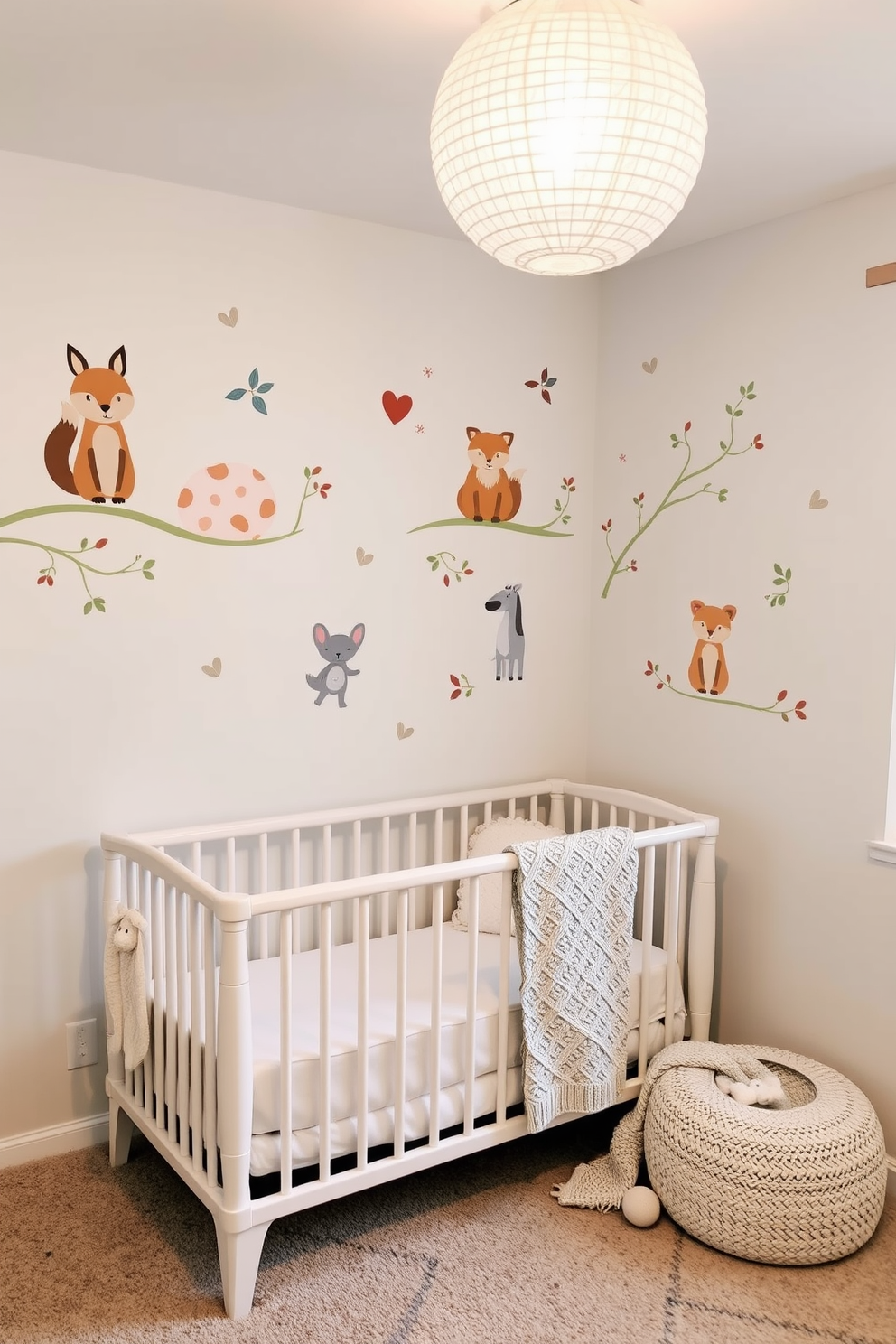 Charming wall decals of woodland creatures adorn the soft pastel walls of the nursery. A cozy crib is nestled in the corner, surrounded by plush toys and a knitted blanket, creating a warm and inviting atmosphere.