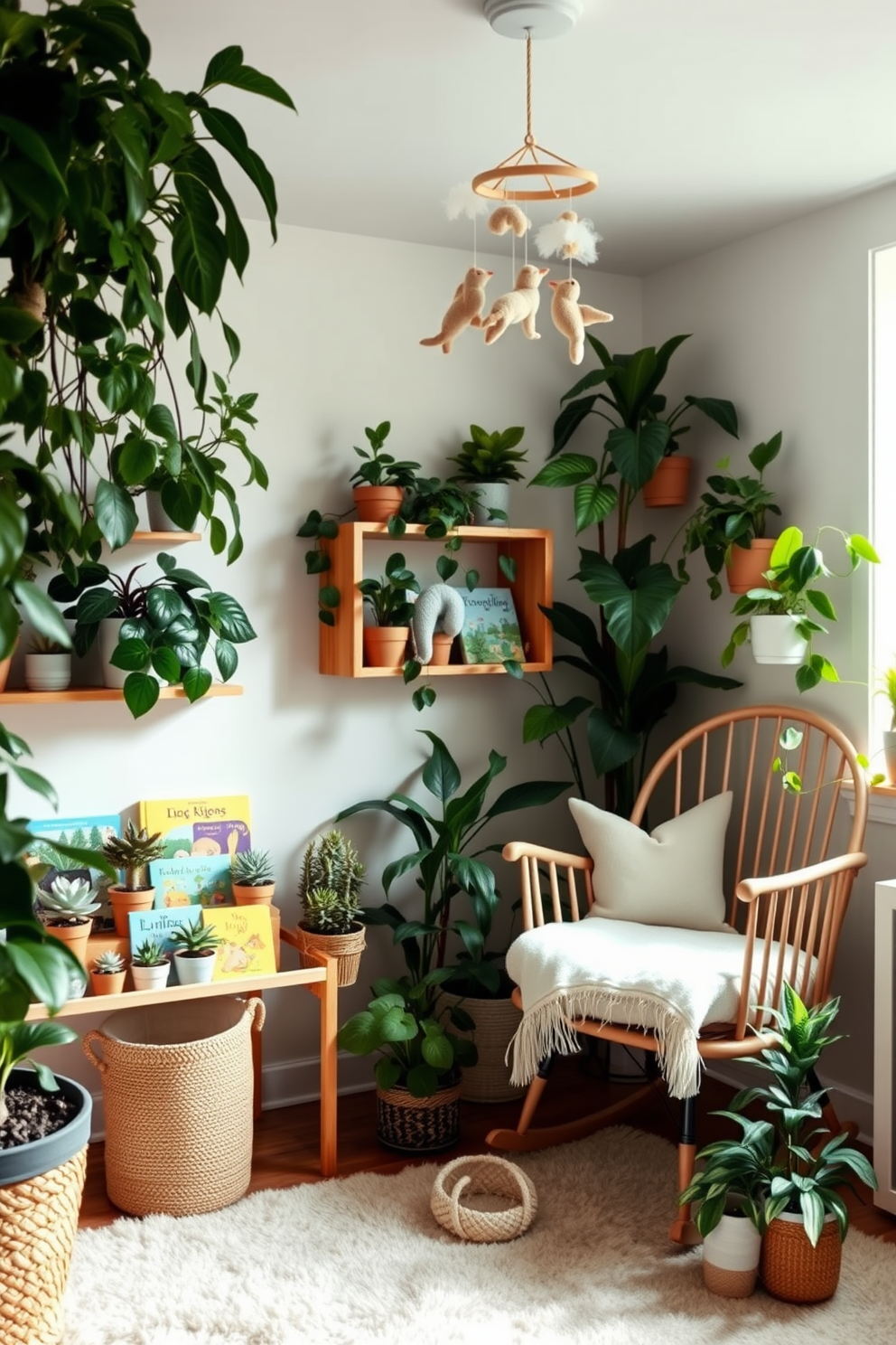 A cozy nursery filled with lush greenery, featuring various potted plants in different sizes and textures. The walls are painted in soft pastel colors, and a comfortable rocking chair is positioned near a window, allowing natural light to illuminate the space. In one corner, a wooden shelf displays an assortment of colorful children's books alongside small potted succulents. A plush area rug in a neutral tone adds warmth to the room, while a whimsical mobile hangs above the crib, creating a serene atmosphere for the little one.