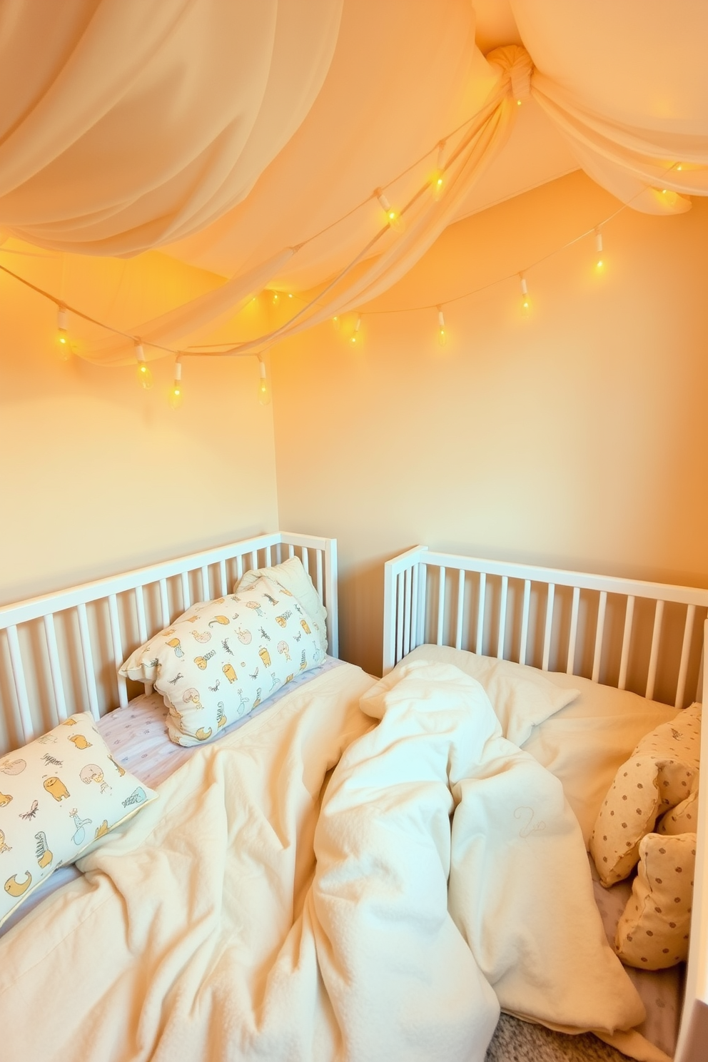 A warm and inviting nursery space filled with soft amber lighting creates a cozy atmosphere perfect for relaxation. The walls are painted in a gentle pastel hue, and plush bedding adorned with whimsical patterns invites comfort and warmth.