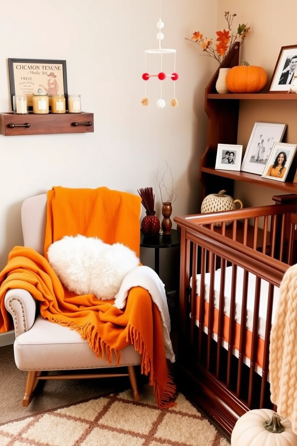 A cozy fall nursery decorated with warm tones and seasonal accents. Soft blankets in shades of orange and mustard are draped over a plush rocking chair, while a whimsical mobile hangs above the crib. The room features a selection of candles and diffusers infused with autumn scents like cinnamon and pumpkin spice. A wooden shelf displays framed family photos and small pumpkins, adding a festive touch to the space.