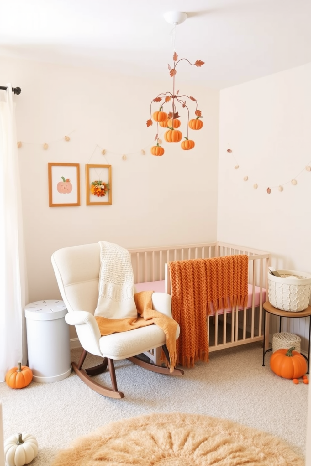 A cozy nursery with soft pastel colors and playful pumpkin accents. The walls are painted in a light cream shade, and small pumpkin decorations are scattered throughout the room. A plush rocking chair sits in the corner, draped with a warm knitted blanket. A whimsical mobile featuring pumpkins and autumn leaves hangs above the crib, adding a touch of seasonal charm.