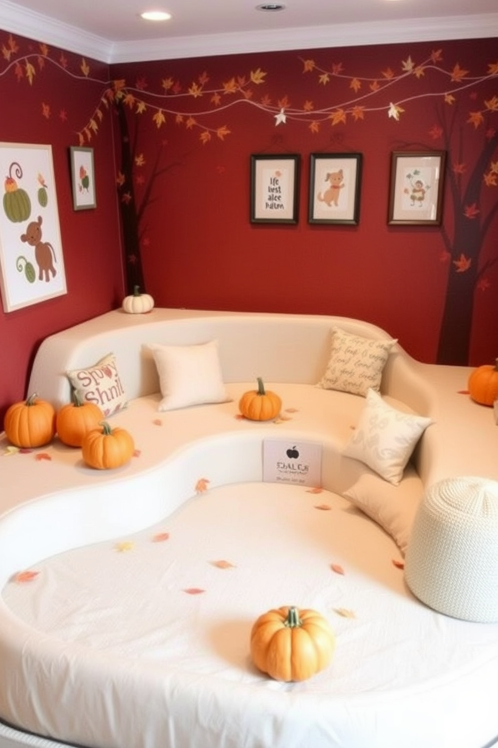 Create an interactive play area designed for children that embraces a fall theme. Incorporate elements such as colorful leaves, pumpkins, and cozy seating to inspire imaginative play. Design a nursery that captures the essence of autumn with warm colors and nature-inspired decor. Use soft textiles, whimsical wall art, and seasonal accents to create a nurturing and inviting environment.