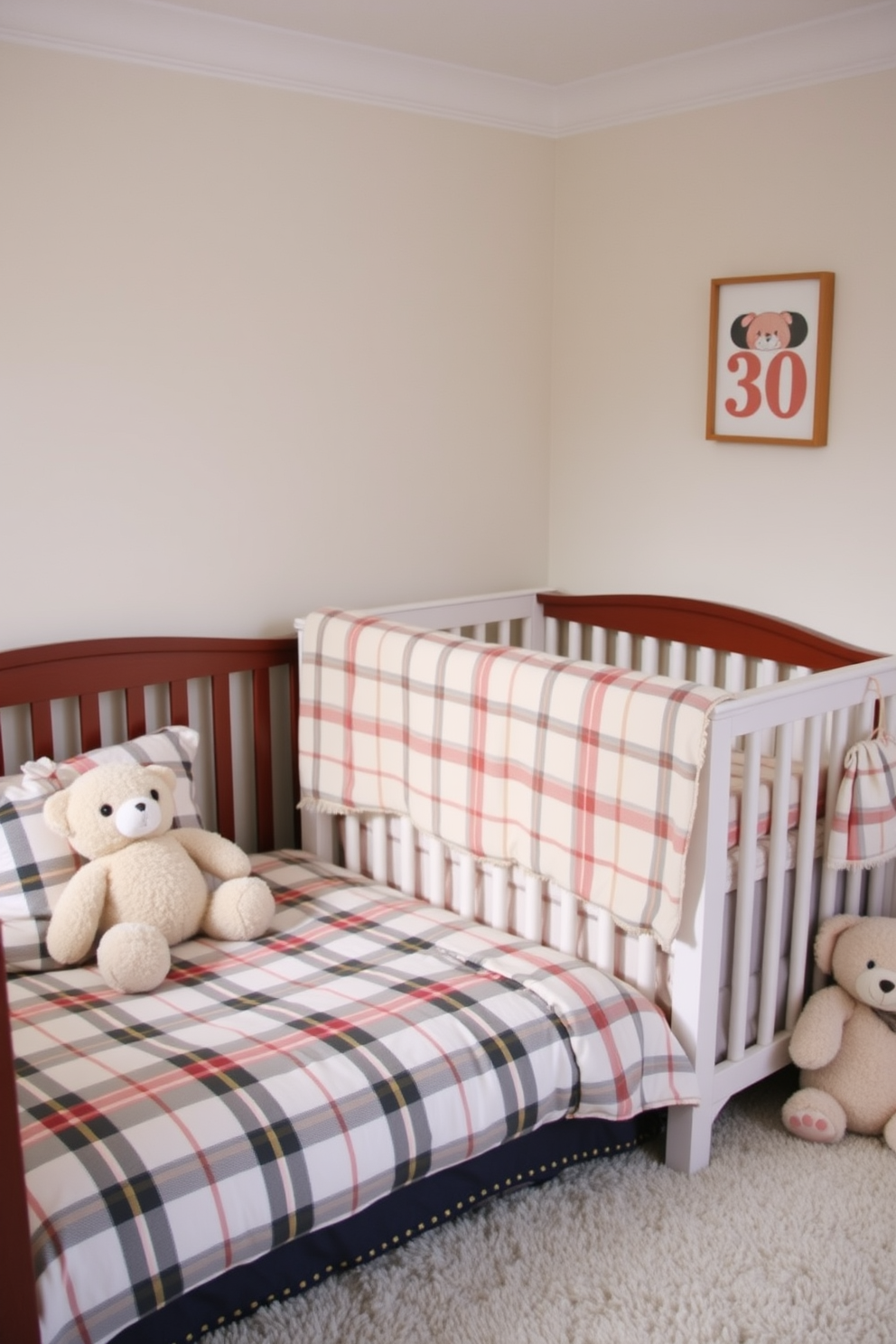 A cozy nursery featuring soft plaid patterns on the bedding. The walls are painted in a gentle pastel hue, and plush toys are scattered around the room for a warm touch.