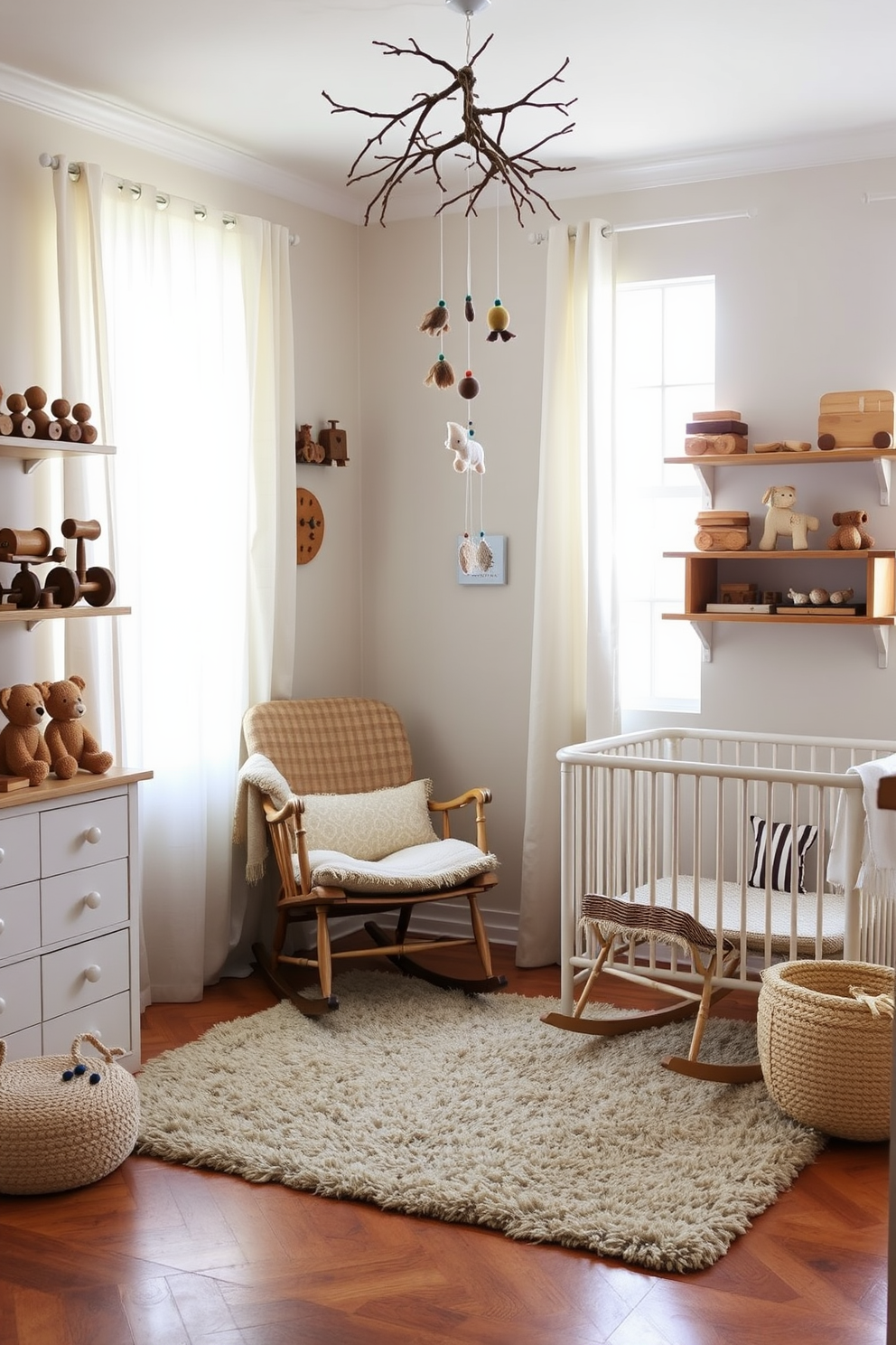 A cozy nursery filled with rustic charm features an array of handcrafted wooden toys displayed on open shelves. Soft, neutral tones dominate the walls, while a vintage rocking chair sits in the corner, inviting quiet moments of bonding. Natural light streams through sheer curtains, illuminating a plush area rug that adds warmth to the wooden floor. A whimsical mobile crafted from twigs and felt hangs above the crib, completing the serene atmosphere of the space.