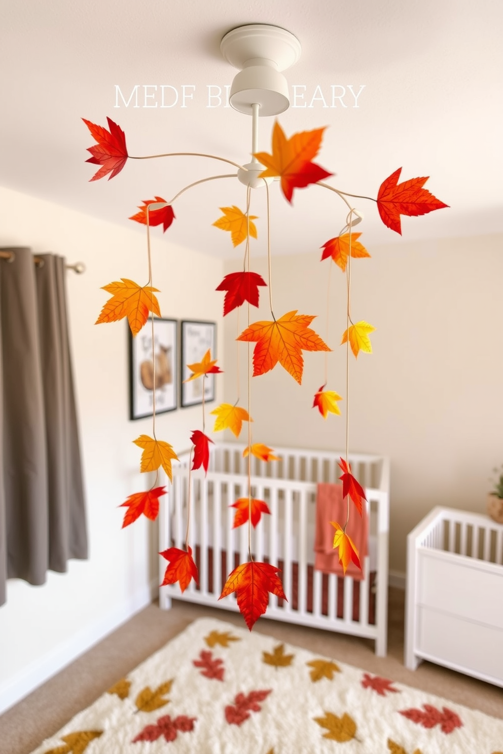 A whimsical mobile hangs from the ceiling, adorned with vibrant fall leaves in shades of orange, red, and yellow. The leaves sway gently, creating a serene atmosphere in the nursery. The walls are painted in a soft cream color, complemented by cozy accents in warm earth tones. A plush rug with leaf patterns covers the floor, inviting play and comfort for little ones.