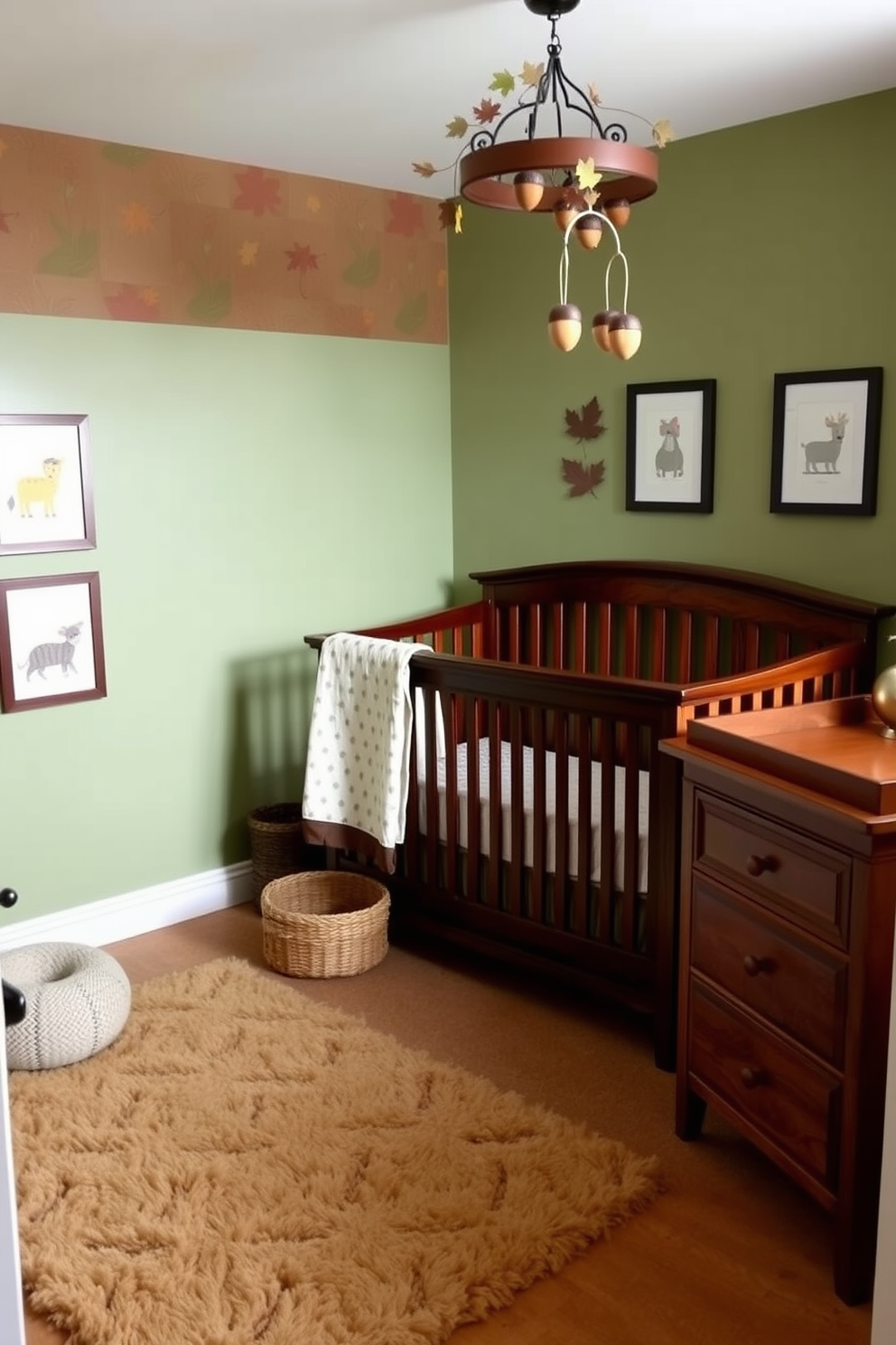 A cozy fall nursery with an earthy color palette of browns and greens. The walls are painted in a soft sage green, complemented by a wooden crib with rich walnut finishes. A plush area rug in warm beige anchors the space, while a changing table in natural wood provides storage. Decorate the room with whimsical animal prints and a mobile featuring leaves and acorns hanging from the ceiling.