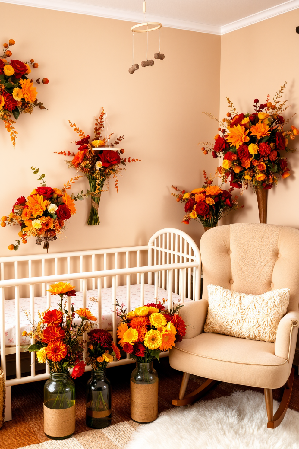 A cozy nursery adorned with seasonal floral arrangements featuring vibrant fall blooms. The space is filled with warm hues of orange, yellow, and deep red, creating a welcoming atmosphere for both baby and caregiver. A charming crib sits against a soft, neutral wall, complemented by a whimsical mobile hanging above. Nearby, a plush rocking chair invites quiet moments, surrounded by carefully arranged bouquets of fresh flowers in rustic vases.