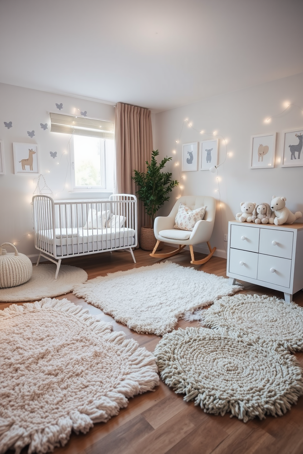 Textured rugs in soft pastel colors are scattered across the floor, providing warmth and comfort in the nursery. The walls are adorned with whimsical animal prints, and a cozy rocking chair is positioned near the window, inviting moments of relaxation. Delicate fairy lights are draped around the crib, creating a soothing ambiance for bedtime. Plush toys are tastefully arranged on a shelf, adding a playful touch to the overall decor.