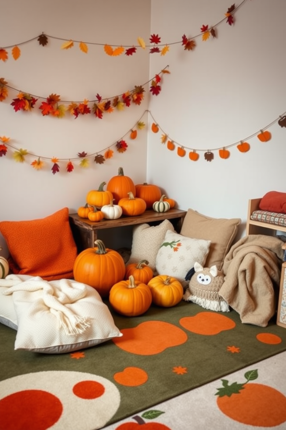 A cozy pumpkin patch corner setup features a variety of pumpkins in different sizes and colors arranged on a rustic wooden table. Surrounding the table are soft blankets and cushions in warm autumn hues, inviting children to sit and enjoy the festive atmosphere. The playroom is adorned with cheerful fall decorations such as garlands made of leaves and acorns. A playful rug with pumpkin motifs adds a touch of whimsy, making it the perfect space for seasonal activities and crafts.