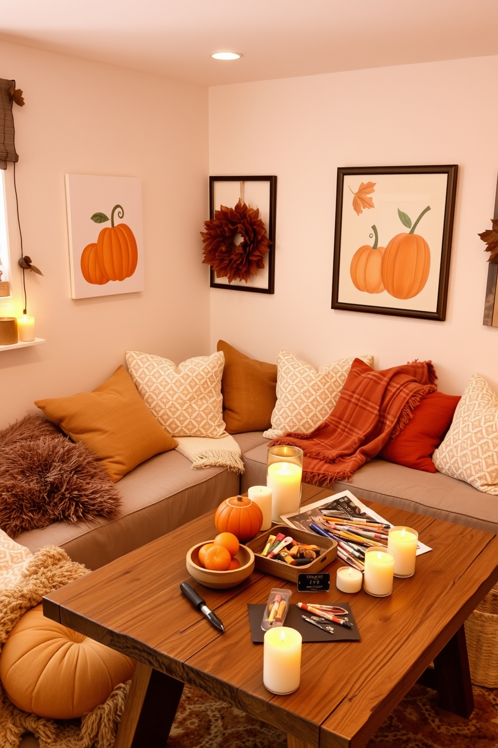 A cozy playroom designed for autumn enjoyment. The space is filled with plush cushions and soft blankets in warm tones, while fall scented candles create a soothing ambiance. Decorative elements include playful artwork featuring pumpkins and leaves. A rustic wooden table holds craft supplies, inviting creativity and seasonal fun.