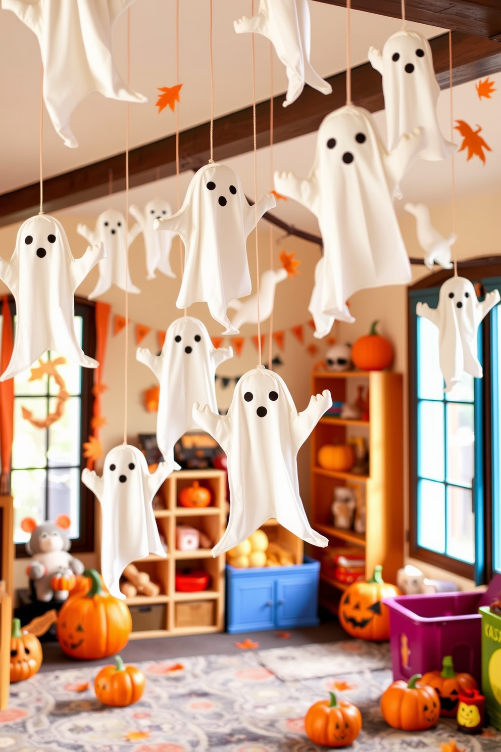 Whimsical ghost decorations float playfully throughout a cozy fall playroom. Soft white fabric ghosts dangle from the ceiling, while cheerful pumpkin accents are scattered around the vibrant play area.