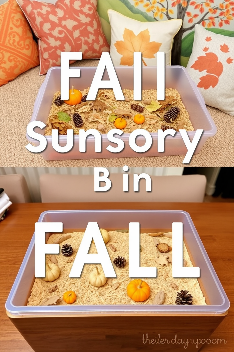 Create an interactive fall-themed sensory bin that incorporates elements such as dried leaves, pine cones, and small pumpkins. The bin should be filled with textured materials like sand and shredded paper to enhance the sensory experience. Design a cozy playroom space that features warm autumn colors and decor inspired by the season. Include playful elements like soft cushions shaped like leaves and a mural depicting a fall landscape to engage children's imagination.