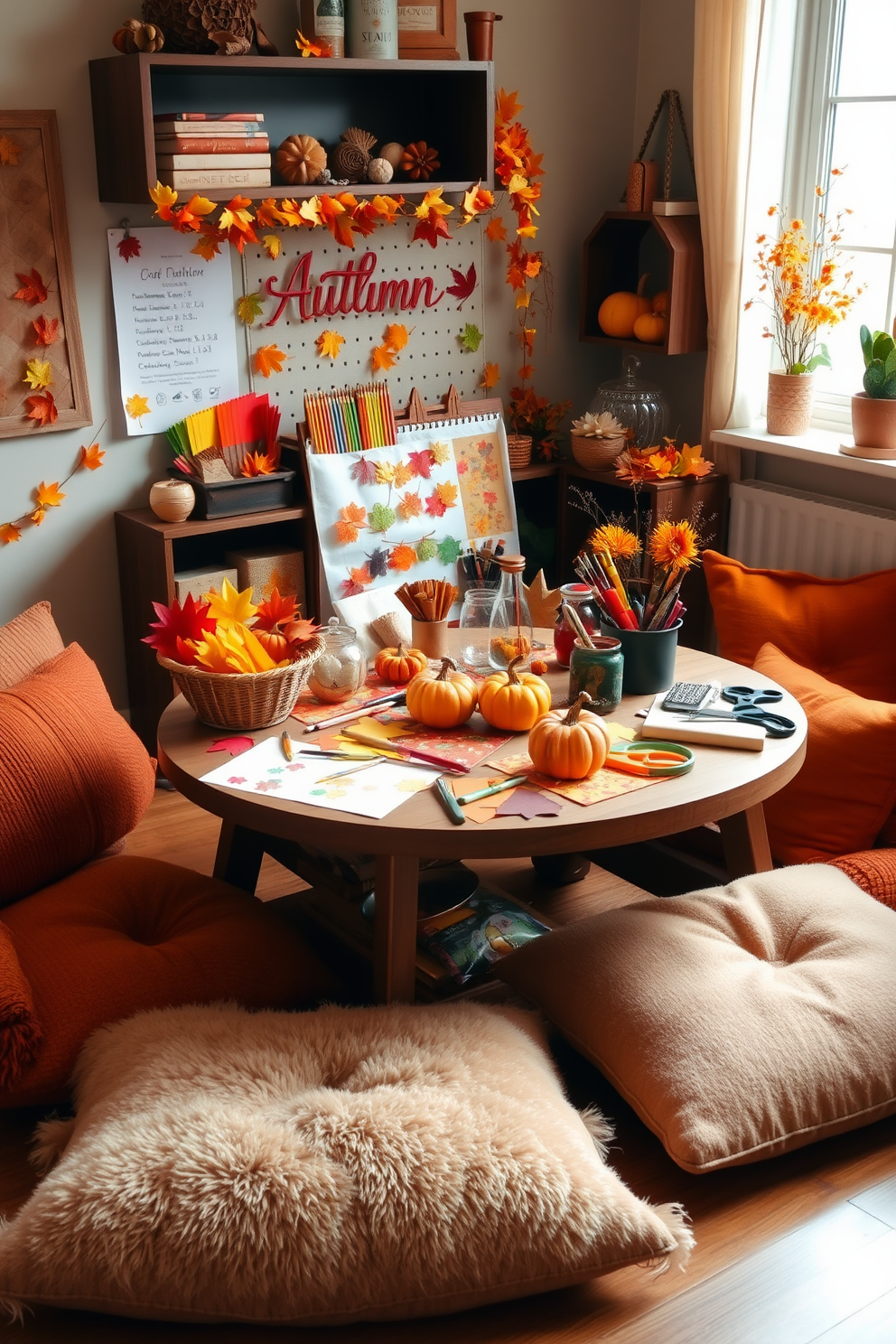 A cozy craft station filled with vibrant autumn craft supplies. The table is adorned with colorful leaves, pumpkins, and various crafting tools, creating an inviting atmosphere for creativity. The playroom features warm, earthy tones with decorative elements inspired by fall. Plush cushions and blankets in rich oranges and browns are scattered around, enhancing the seasonal theme while providing comfort.