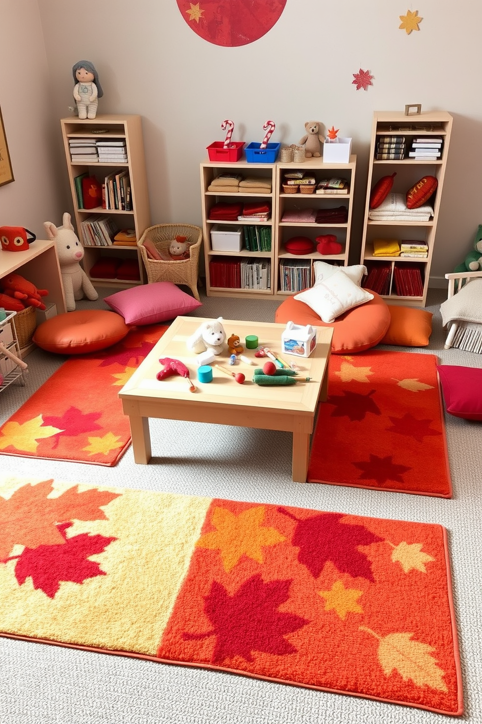 A cozy playroom filled with colorful autumn-themed rugs that bring warmth and vibrancy to the space. The rugs feature leaf patterns in shades of orange, red, and gold, creating a playful atmosphere for children to enjoy. Soft cushions in matching fall colors are scattered around the room, providing comfortable seating areas. A wooden play table sits in the center, surrounded by plush toys and art supplies, inviting creativity and fun.