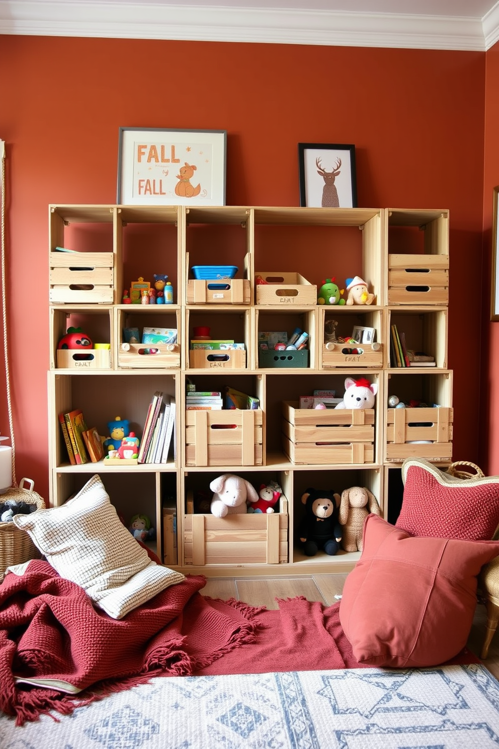 Wooden crates are arranged neatly on the shelves, providing a rustic yet functional open storage solution. The crates are filled with colorful toys and books, creating an inviting and organized play area. The walls are painted in warm autumn hues, adorned with playful artwork that captures the essence of fall. Cozy blankets and cushions in rich, earthy tones are scattered across the floor, inviting children to relax and play.