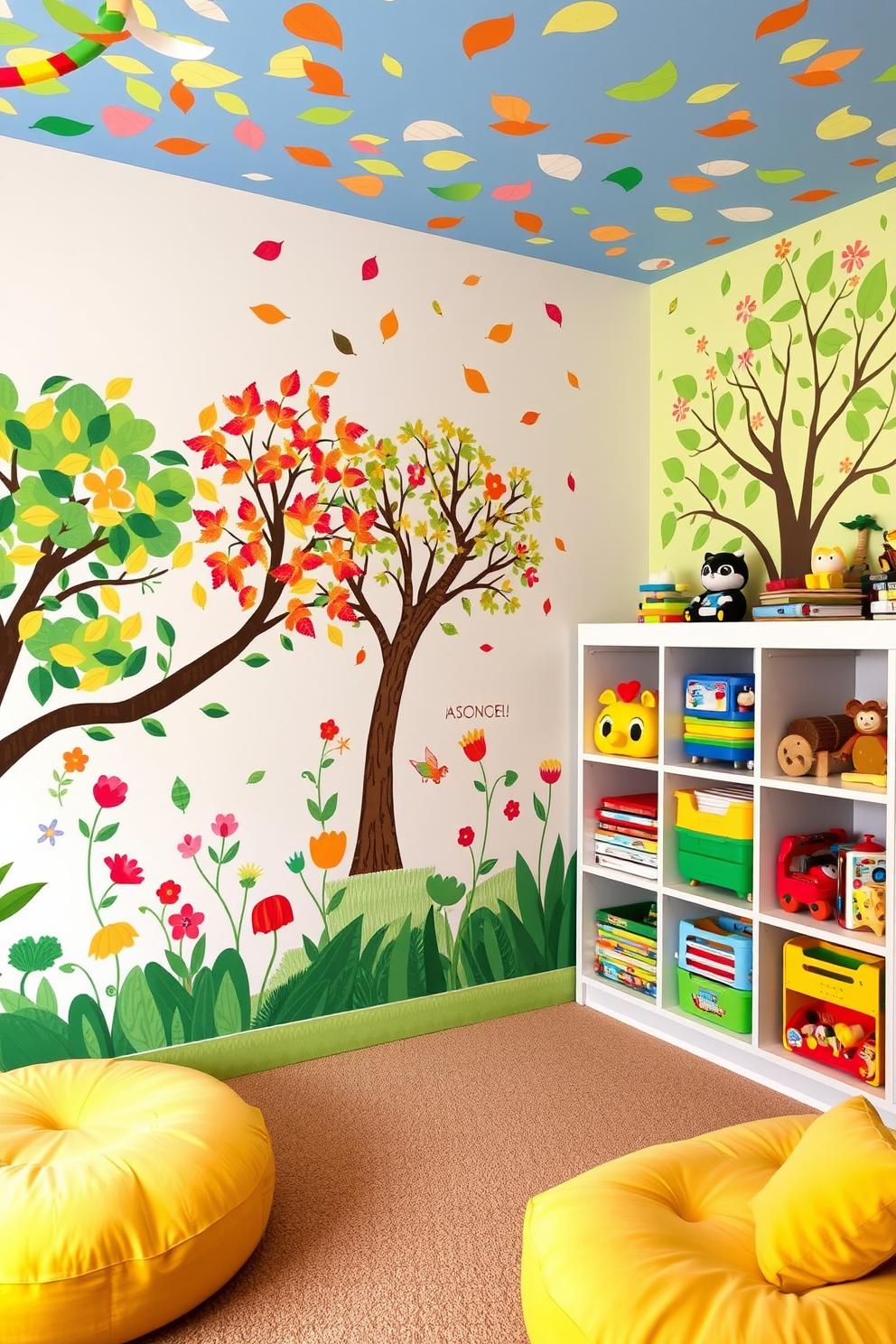 A vibrant playroom filled with nature-inspired wall decals and murals that depict colorful trees and playful animals. The walls are adorned with large decals of leaves and flowers, creating an immersive outdoor experience for children. Soft, plush seating in bright colors complements the playful theme, inviting kids to relax and engage. A variety of educational toys are neatly organized on open shelves, enhancing the room's functionality and charm.