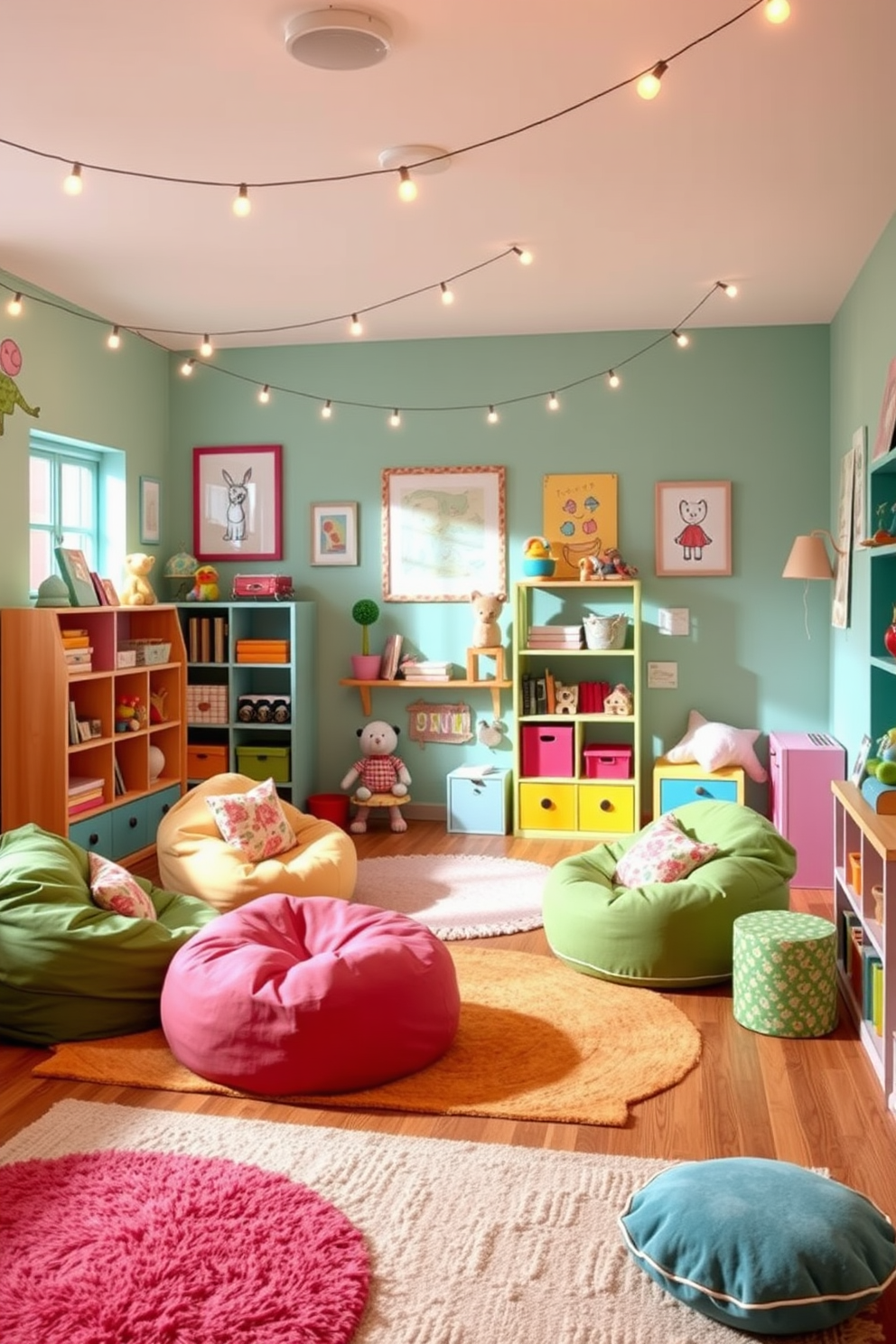 A whimsical playroom filled with vibrant colors and playful decor. Soft rugs cover the floor and cozy bean bags are scattered around for seating, creating a welcoming atmosphere. String lights drape across the ceiling, casting a warm glow and enhancing the cozy vibe. The walls are adorned with cheerful artwork and shelves filled with toys and books, inviting creativity and fun.