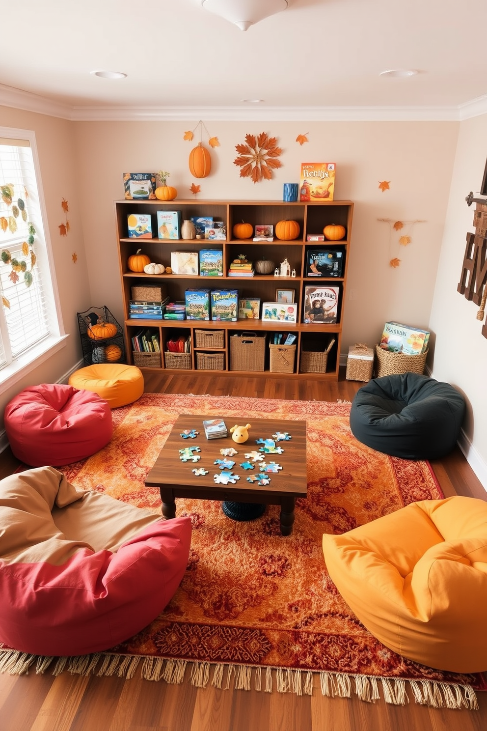 A cozy playroom filled with fall-themed puzzles and games. The room features a large, soft area rug in warm tones, with a wooden coffee table surrounded by colorful bean bags. On the walls, there are autumn-themed decorations such as pumpkins and leaves. A low shelf holds a variety of puzzles and board games, inviting children to play and explore.