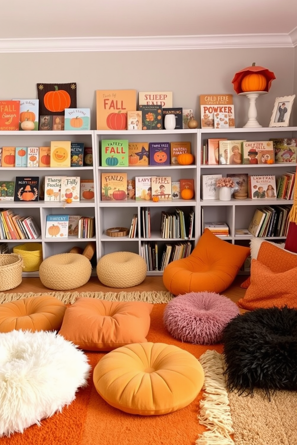 A cozy playroom filled with vibrant colors and seasonal decorations. Shelves are lined with beautifully arranged fall-themed books, showcasing warm hues of orange, red, and yellow. Soft rugs in earthy tones cover the floor, creating a comfortable space for children to play. Plush cushions in various shapes and sizes are scattered around, inviting creativity and relaxation.